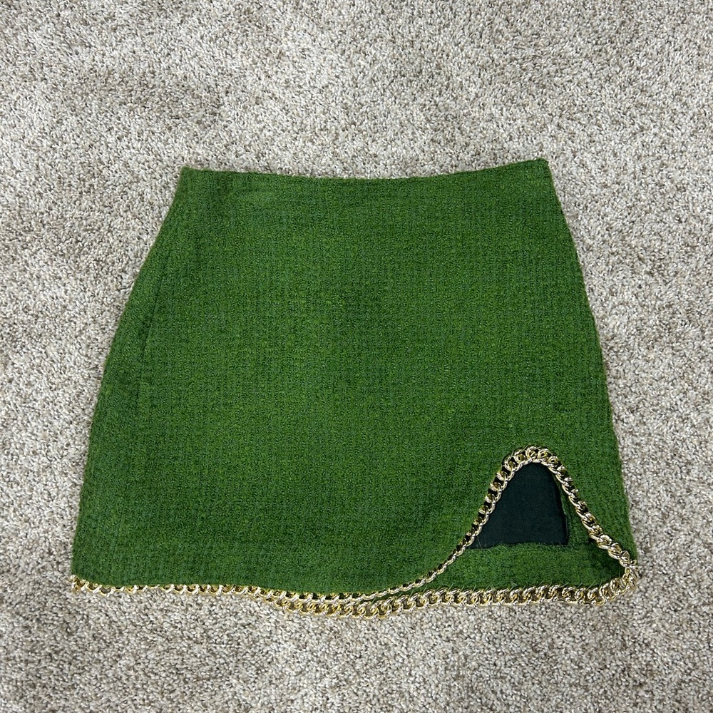 Zara green tweed mini skirt with gold chain hem